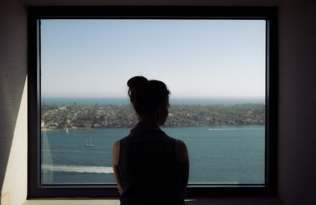 girl,, window, sea.