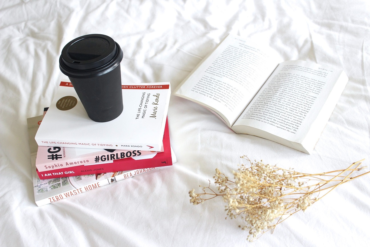 books, coffee, bed