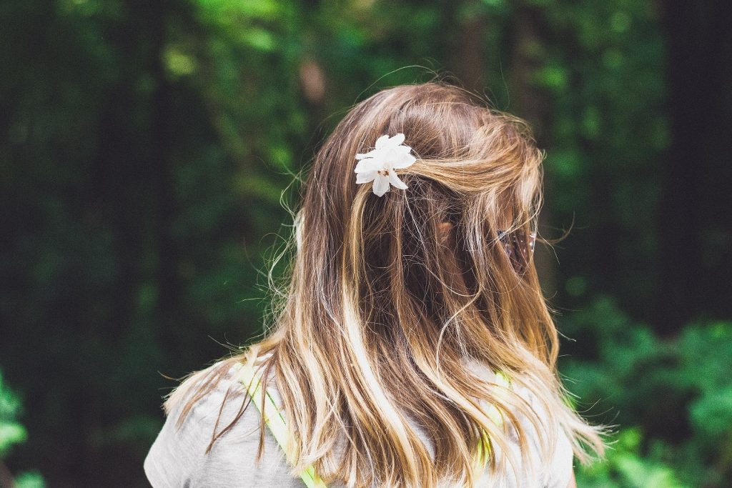 girl, flower, leaves