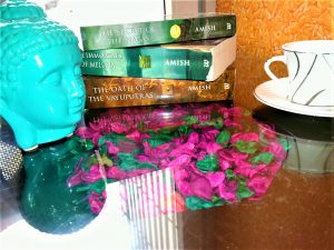 table, books. cup