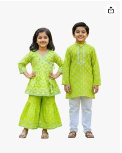 Brother and sister wearing matching green ethnic outfits for Raksha Bandhan celebration