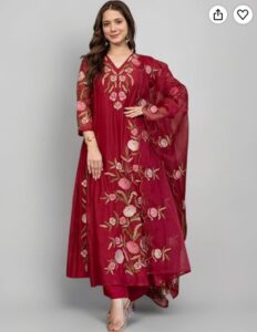 Red floral embroidered Anarkali kurta set with dupatta