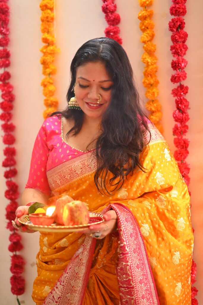 Festive yellow sarre pink blouse